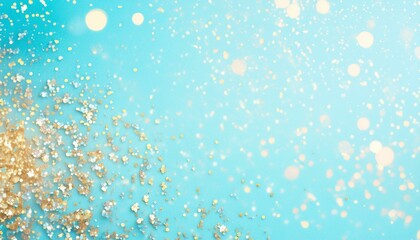  Golden blue sparkles on blue background. Light blue minimalistic festive glamorous background