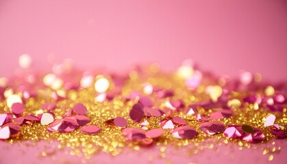 Fototapeta premium olden pink sparkles on pink background. Light pink minimalistic festive background