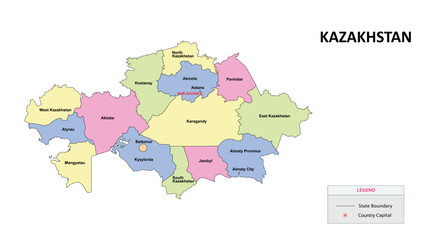 Kazakhstan Map. State and union territories of Kazakhstan. Detailed colourful Political map of Kazakhstan with Country capital and important cities. 