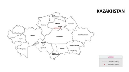 Kazakhstan Map. State and district map of Kazakhstan. Administrative map of Kazakhstan with states and boundaries in white color.