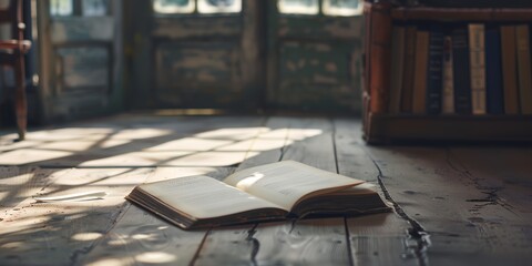 an open book on a wooden floor in a room with a bookcase in the background