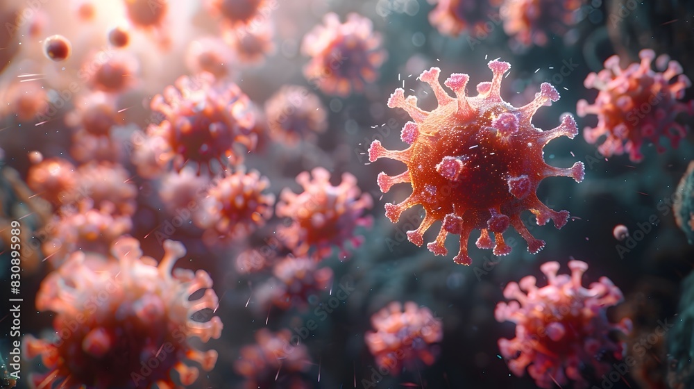 Aufkleber microscopic view of coronavirus outbreak as colorful abstract digital