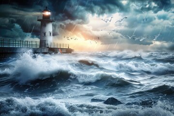 Dramatic stormy sea with a lighthouse, turbulent waves, and dark clouds create a powerful and captivating coastal scene at sunset.