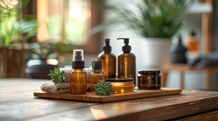 Assortment of skincare products on wooden table, natural lighting, cozy atmosphere, text area