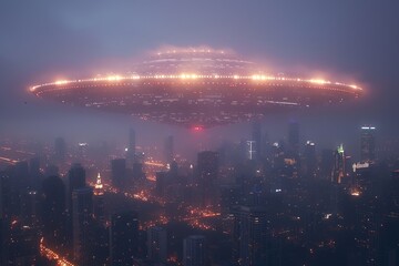 Fototapeta premium An enormous unidentified flying object hovers above a cityscape shrouded in haze during dusk creating a sci-fi atmosphere