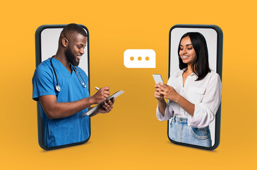 Black man doctor in blue scrubs interacts with Indian woman patient through their smartphones. The doctor is taking notes on a clipboard, and the patient is typing on her phone