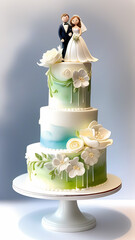 Delicious wedding cake with newlyweds on top