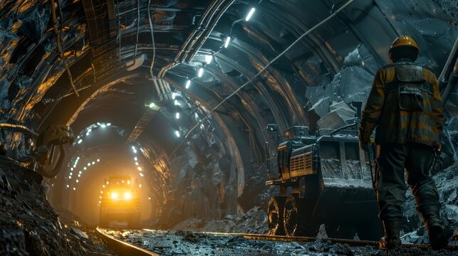 Miner operating heavy machinery, underground, space for text on the side