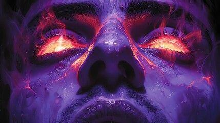 Close-up of a face with fiery eyes and purple skin, suggesting demonic or supernatural power.