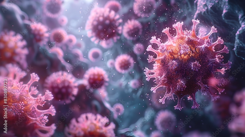 Fototapete microscopic view of microscopic viral particles and molecular structures in a medical research labor