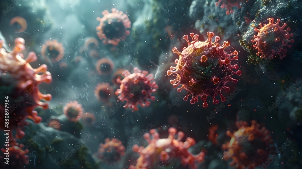 Aufkleber microscopic view of novel coronavirus cells in vibrant and textured backdrop representing the global