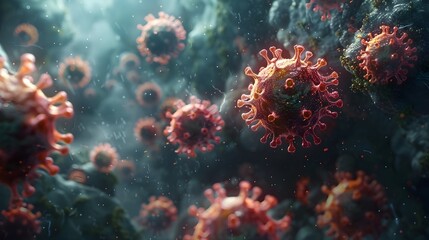 Microscopic View of Novel Coronavirus Cells in Vibrant and Textured Backdrop Representing the Global Pandemic Challenge