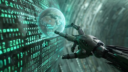 Hand of robot touching virtual globe in a futuristic room made from binary code