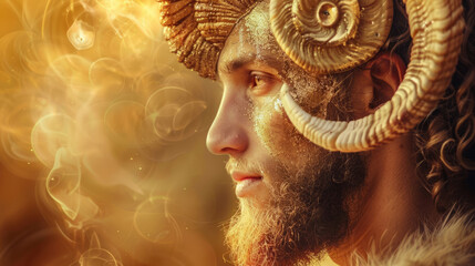 Man in the image of a zodiac sign Aries on blurred background