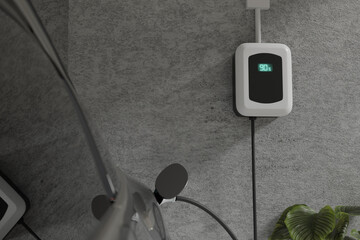 Electric Car Charging with EV charger at home, ev charger working and show status on the screen, 3d...