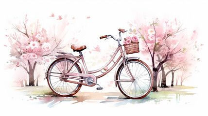 Vintage bicycle with basket, watercolor landscape painting in light colors