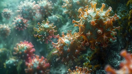 Naklejka premium Microscopic View of Viral Particles Revealing the Intricate Details of a Pandemic Pathogen