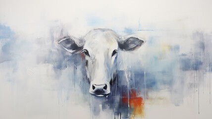 Obraz premium portrait of a cow, art work painting in impressionism style, light background white and blue shade design, background copy space