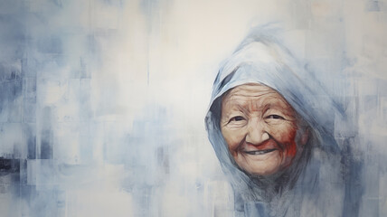 portrait of an old Asian, oriental woman, wise grandmother, art work painting with paint background copy space impressionism style