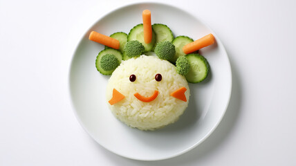 Funny food for children, cute rice with carrots and broccoli on a plate on a white background, a character with a smile and eyes