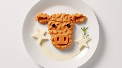 Funny food for children, cute animal faces on a plate on a white background, an emotional character with eyes