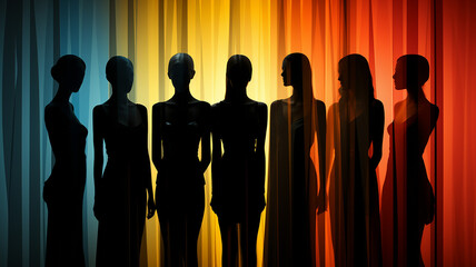 Elegant female silhouettes, images, graceful black figures, mannequins behind a curtain in red tones