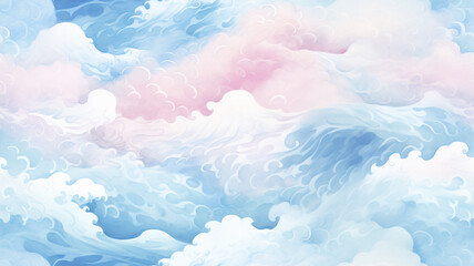 Blue and pink sea waves during a storm, background image in watercolor style with overflows