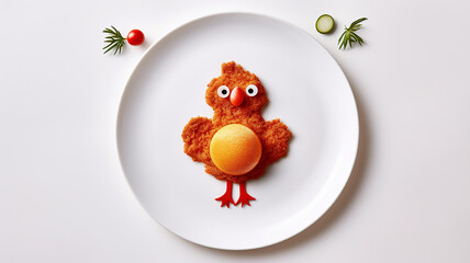 Funny food for kids, cute chicken on a plate on a white background, a character with a beak and eyes
