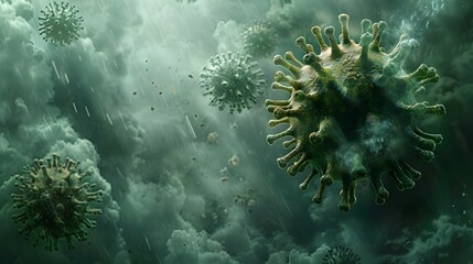 Fototapeta premium Microscopic Viral Infection Outbreak in Abstract Green Backdrop