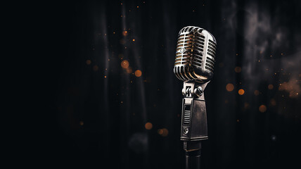 Silver microphone on a dark black background, musical sound equipment