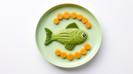 Funny food for kids, cute fish on a plate on a light background, a character with eyes