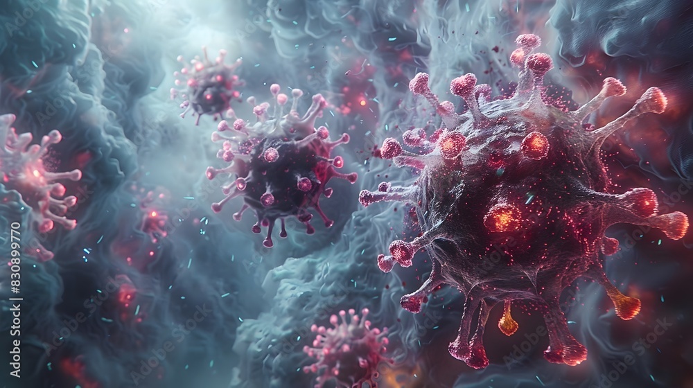 Poster microscopic viral outbreak chaos surreal 3d molecular patterns in vibrant colors