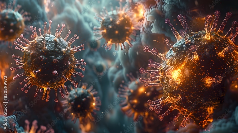 Leinwandbilder microscopic viral outbreak glowing molecular cell structures in dynamic abstract backdrop