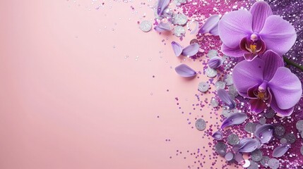 : A light pink background with a purple orchid in the upper right corner, surrounded by purple and silver glitter, ideal for an exotic and luxurious Women's Day backdrop.