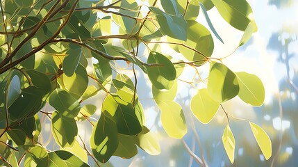 Sunlight filtering through the translucent leaves of a eucalyptus, casting a peaceful green glow, perfect for Earth Day reflections.