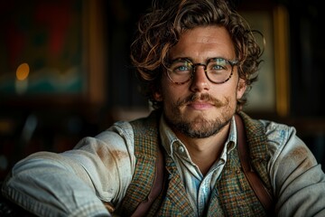 Obraz premium A contemplative male figure peers through vintage glasses, his face illuminated in a rustic, warm indoor environment