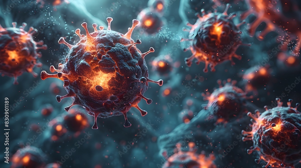 Poster microscopic virus cells with fiery explosion of color and energy