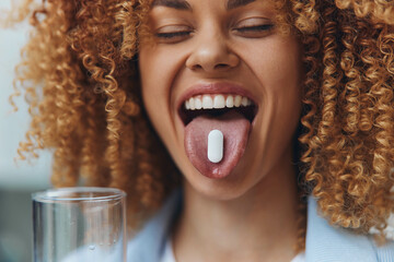 Woman with curly hair sticking out tongue holding pill in front of her Playful and Quirky Concept...