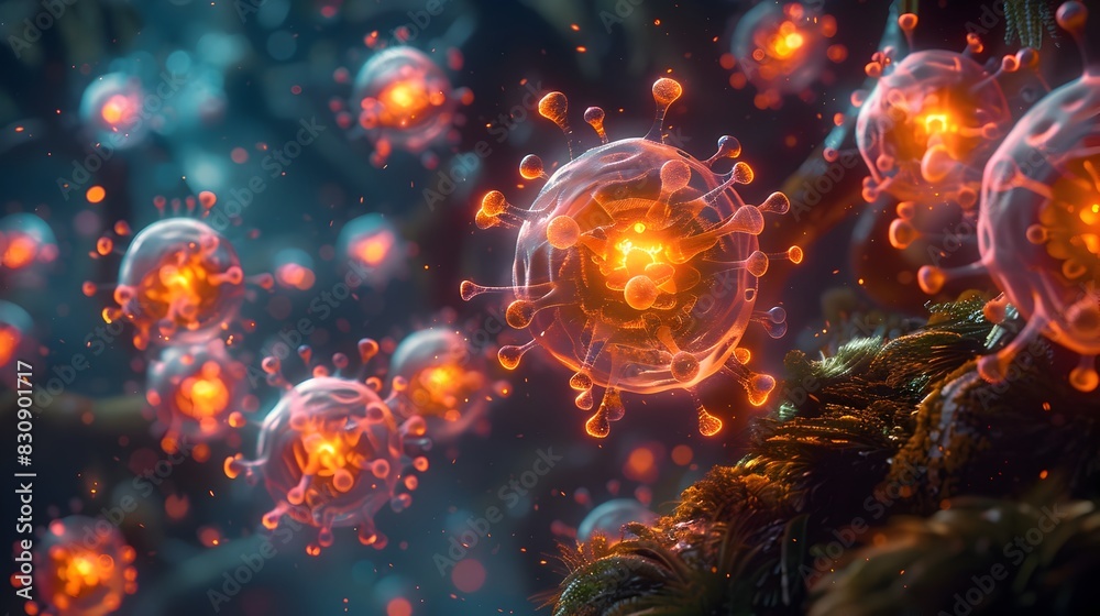 Aufkleber of Microscopic Viral Particles Glowing in Abstract Digital Backdrop