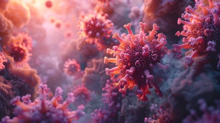 Obraz premium Ominous 3D Rendering of Microscopic Coronavirus Cell Structure Amid Global Pandemic