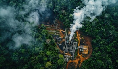 Aerial view of a geothermal power plant in the middle of a forest, scenic, industrial, created with AI