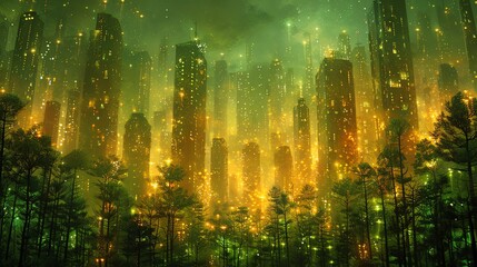 A surreal cityscape emerges from a dense forest, with glowing buildings reaching towards a misty sky.