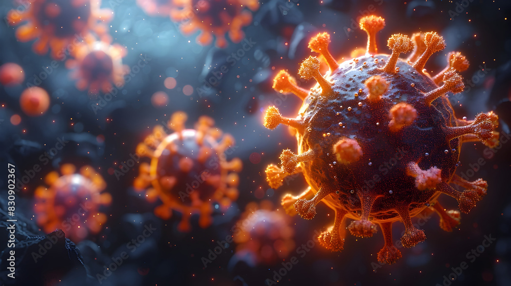 Poster Striking 3D Rendering of Detailed Coronavirus Particles Glowing in Dynamic Futuristic Backdrop