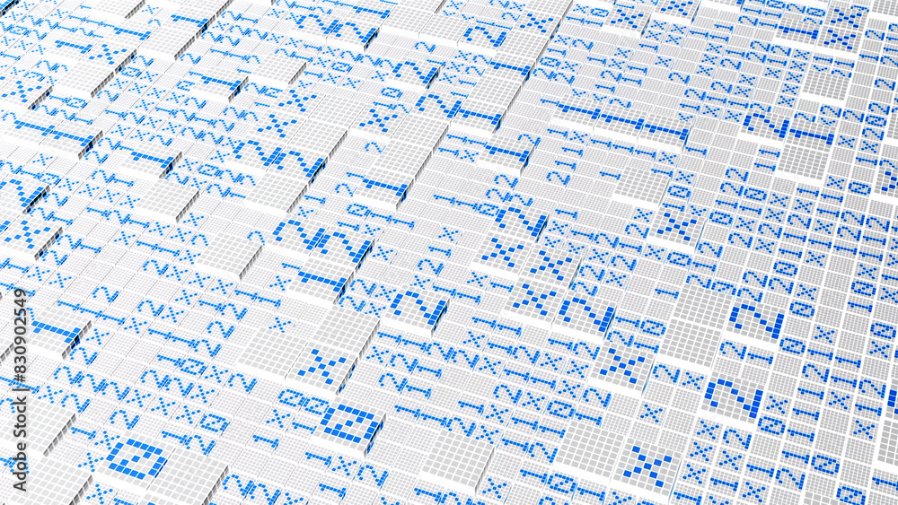 Poster abstract mosaic square tiles, creative coding. motion. tiles with numbers with code.