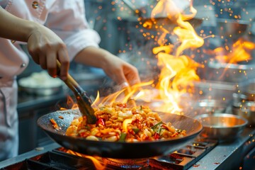 Chef in a restaurant kitchen fiercely stir-fries a dish with vegetables as flames engulf the wok, showing motion and heat