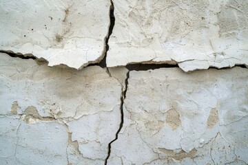 Fototapeta premium Detailed image showing the texture and cracks of a deteriorating white wall, which could symbolize decay or aging
