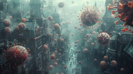Surreal Futuristic Cityscape with Ominous Virus Particles Floating in Dystopian Atmosphere