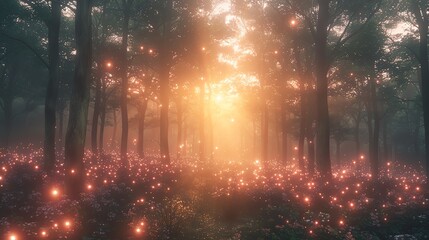 Magical forest at sunrise with glowing lights