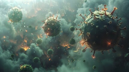 Surreal Microscopic Pandemic Outbreak of Dangerous Contagious Microorganisms Spreading Globally