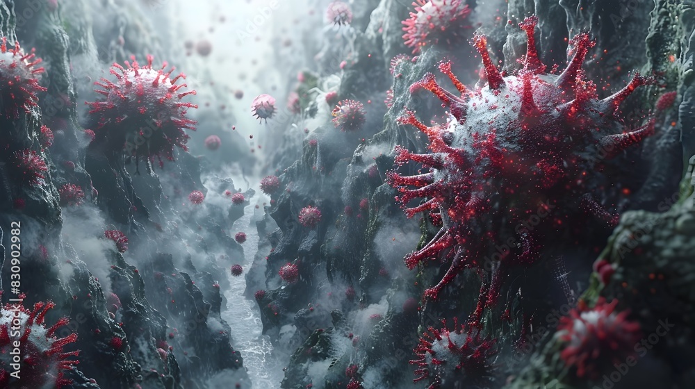 Poster Surreal Microscopic Virus Outbreak Scene with Ominous Red Pathogen Cells on Dark Gloomy Background